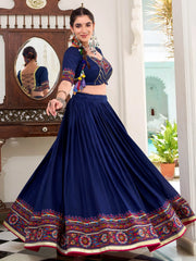 Astonishing Navy Blue Gamthi Print Silk Traditional Lehenga Choli