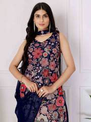 Elegant Navy Blue Embroidered Georgette Function Wear Palazzo Suit