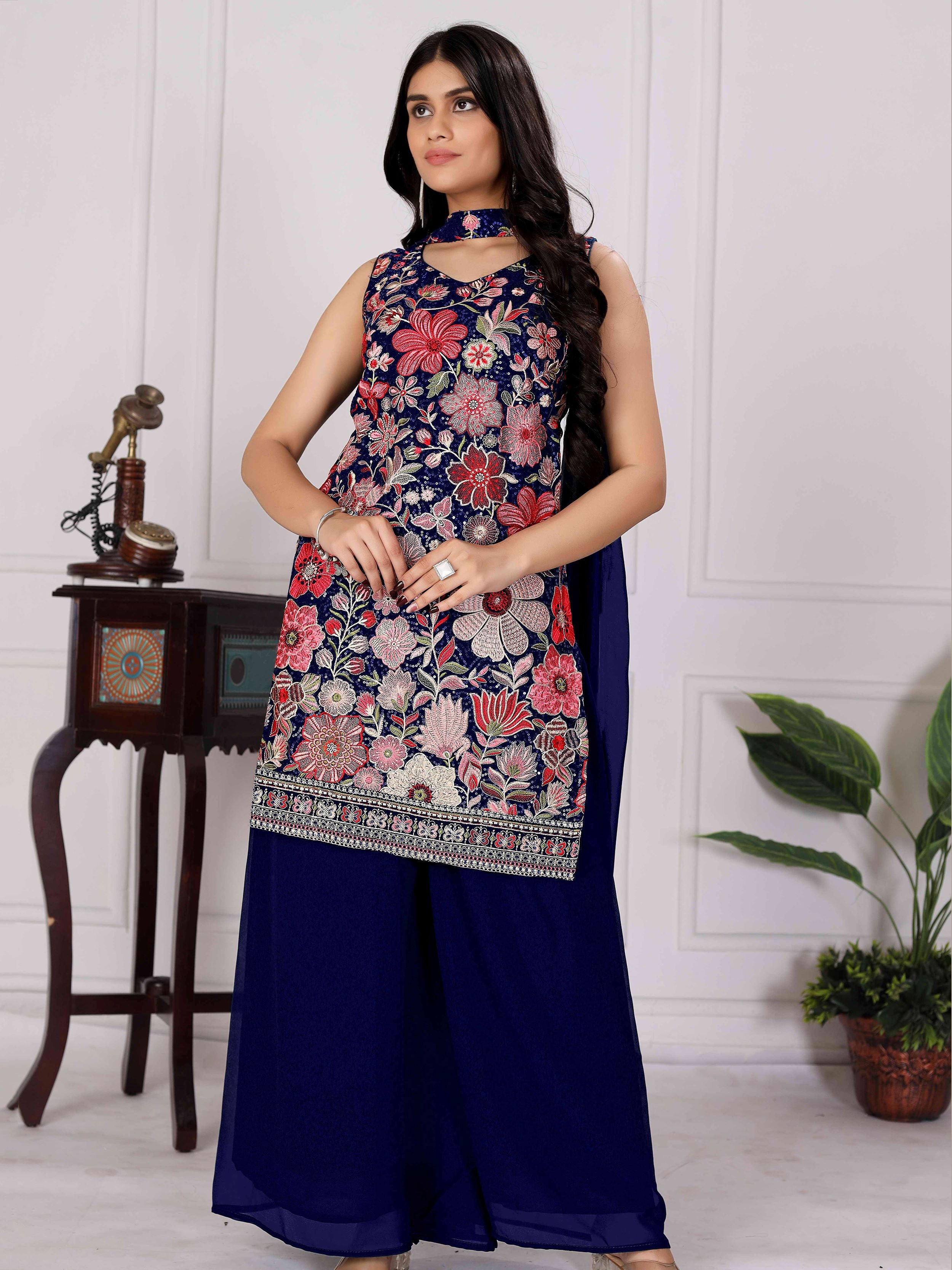 Elegant Navy Blue Embroidered Georgette Function Wear Palazzo Suit