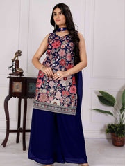 Elegant Navy Blue Embroidered Georgette Function Wear Palazzo Suit