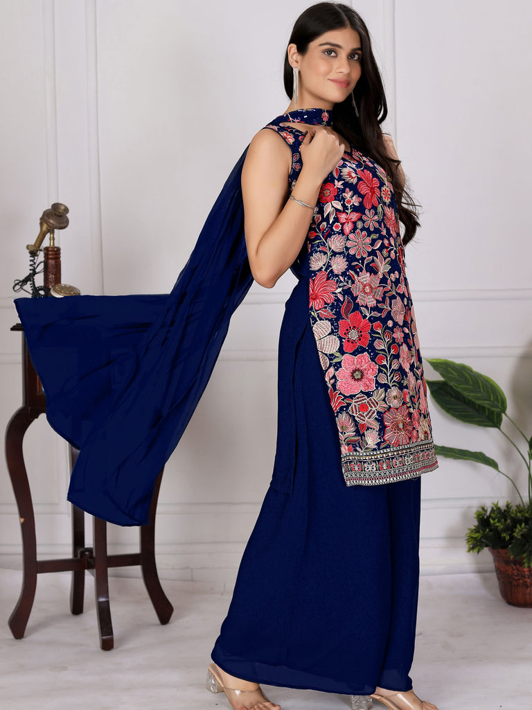 Elegant Navy Blue Embroidered Georgette Function Wear Palazzo Suit