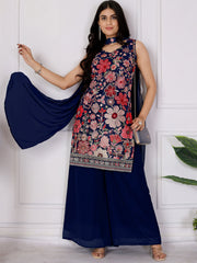 Elegant Navy Blue Embroidered Georgette Function Wear Palazzo Suit