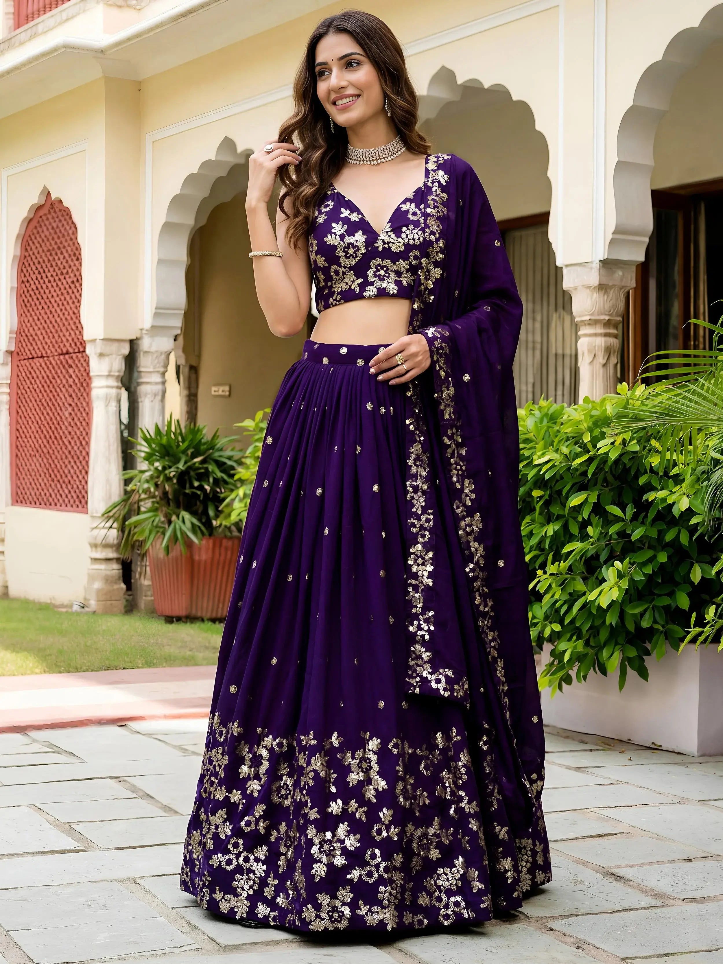 Outstanding Purple Sequins Georgette Wedding Wear Lehenga Choli