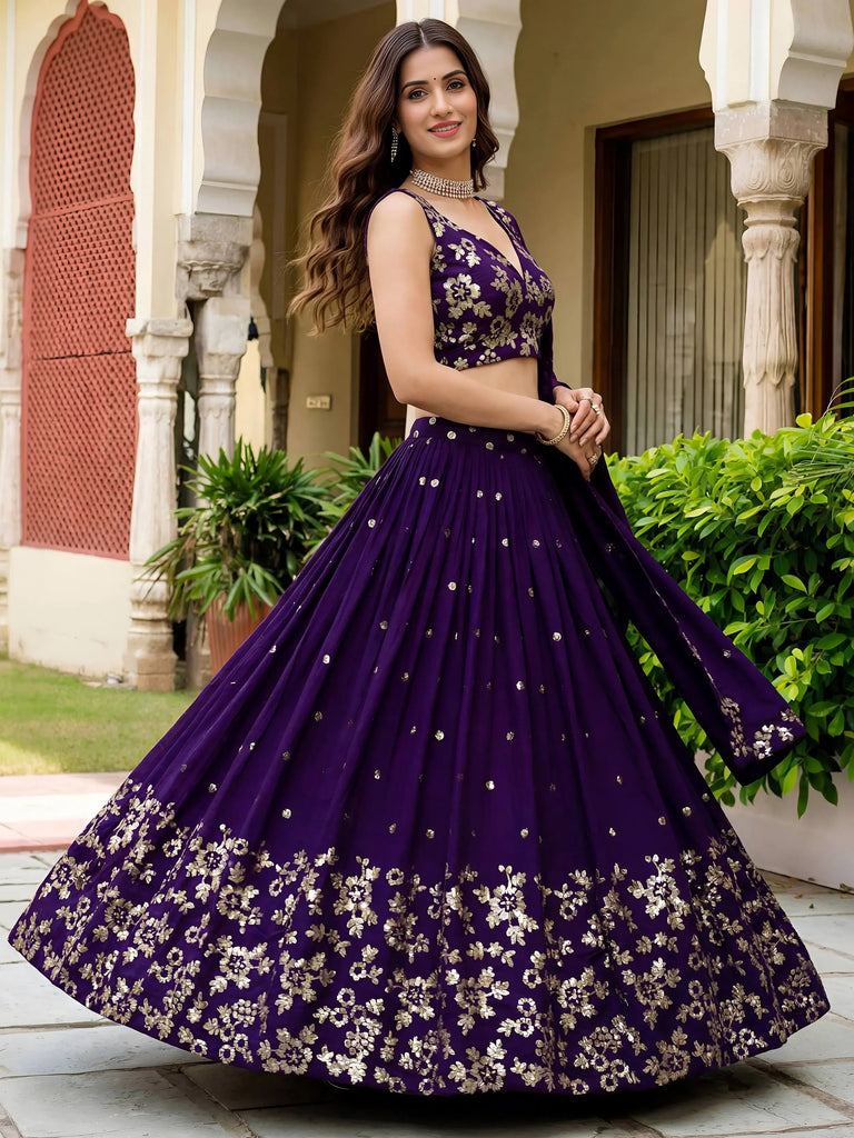Outstanding Purple Sequins Georgette Wedding Wear Lehenga Choli