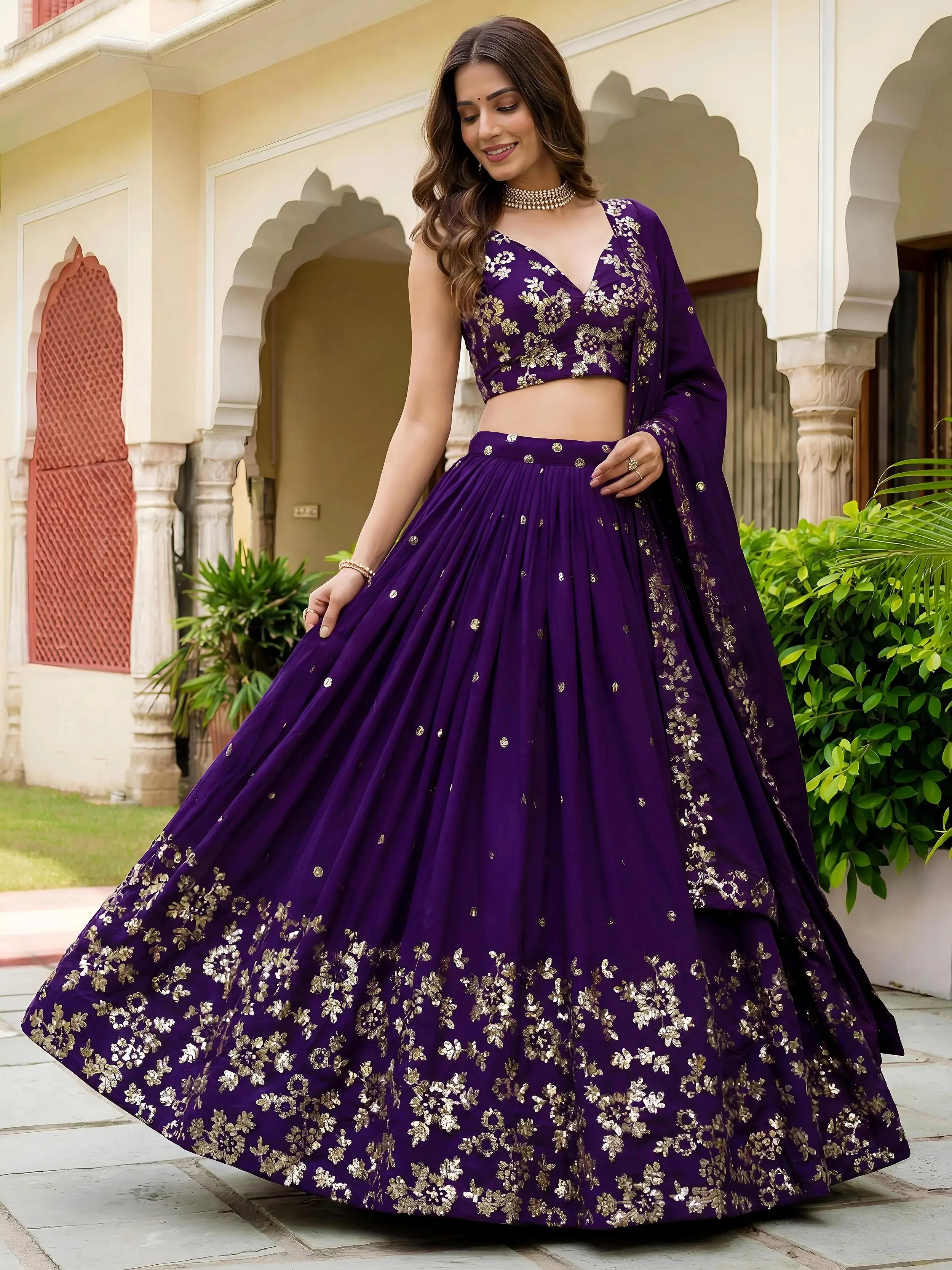 Outstanding Purple Sequins Georgette Wedding Wear Lehenga Choli