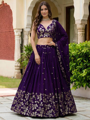 Outstanding Purple Sequins Georgette Wedding Wear Lehenga Choli