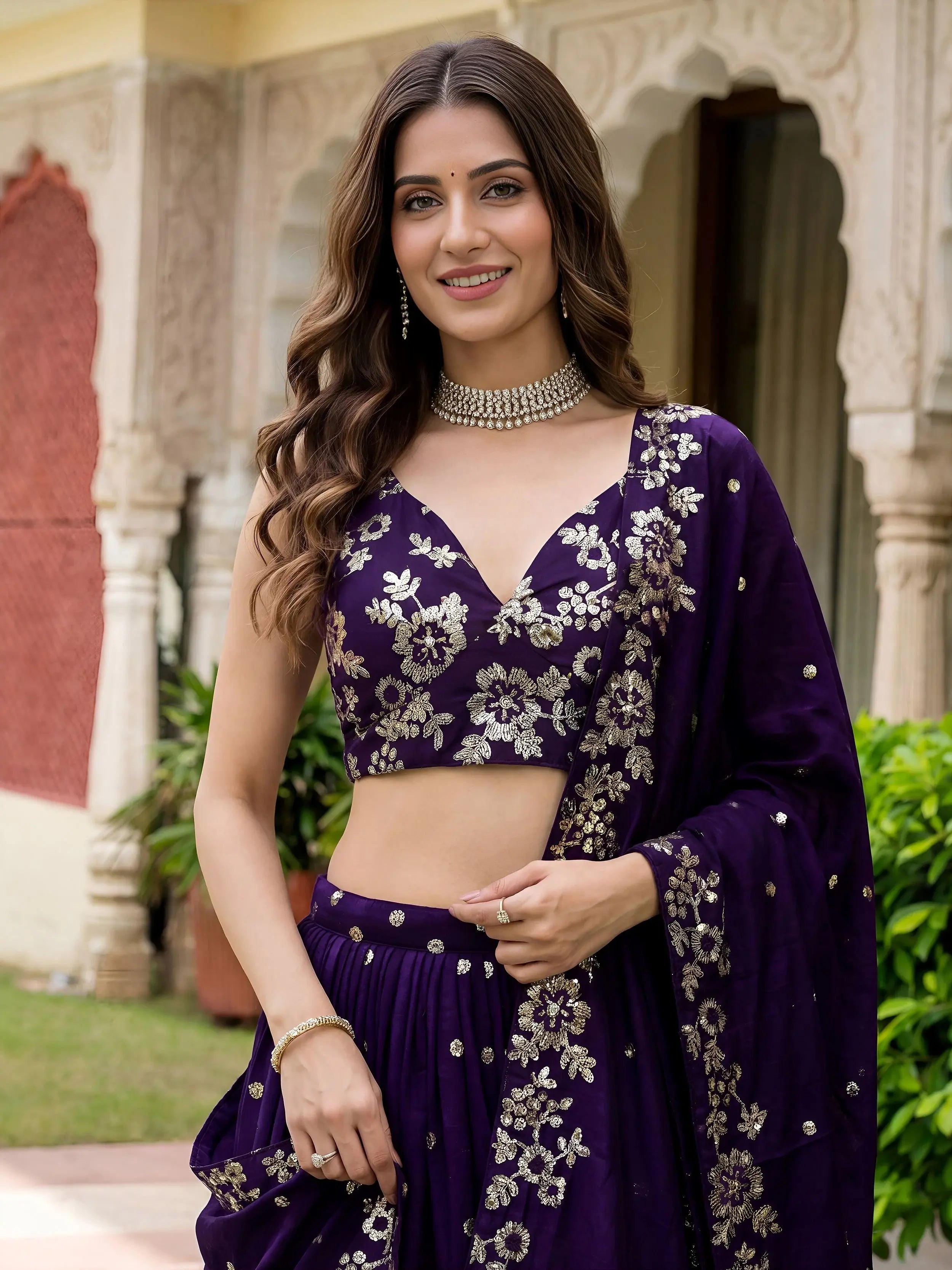 Outstanding Purple Sequins Georgette Wedding Wear Lehenga Choli