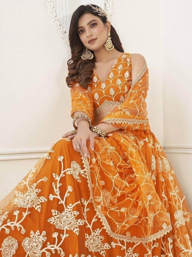 Excellent Orange Sequins Net Engagement Wear Lehenga Choli