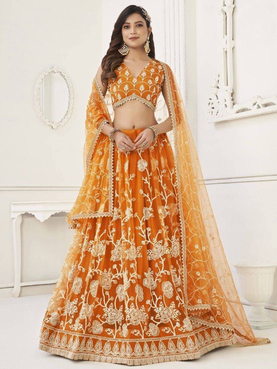 Orange floral embroidered lehenga choli with dupatta, Indian ethnic wear for weddings and festivals