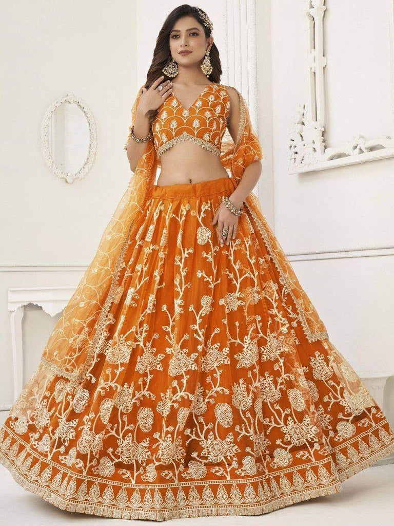 Excellent Orange Sequins Net Engagement Wear Lehenga Choli