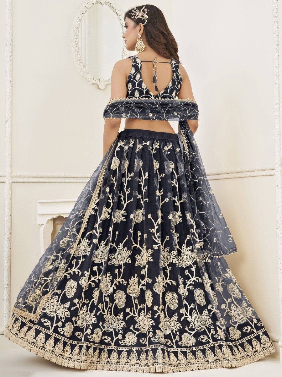 Navy blue embroidered lehenga choli with gold floral work, back view, ethnic Indian wear