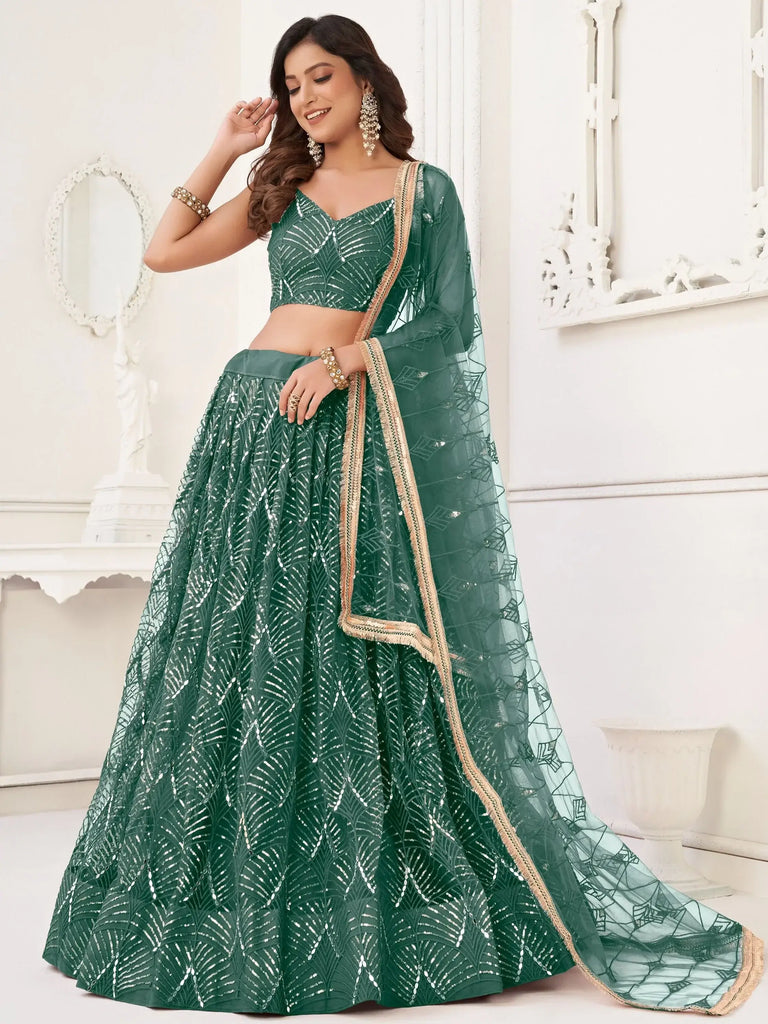 Outstanding Green Sequins Net Party Wear Lehenga Choli With Dupatta