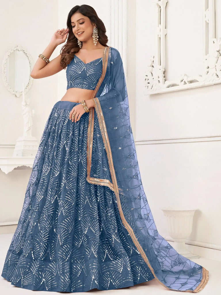 Wonderful Blue Sequins Net Bridesmaid Lehenga Choli With Dupatta