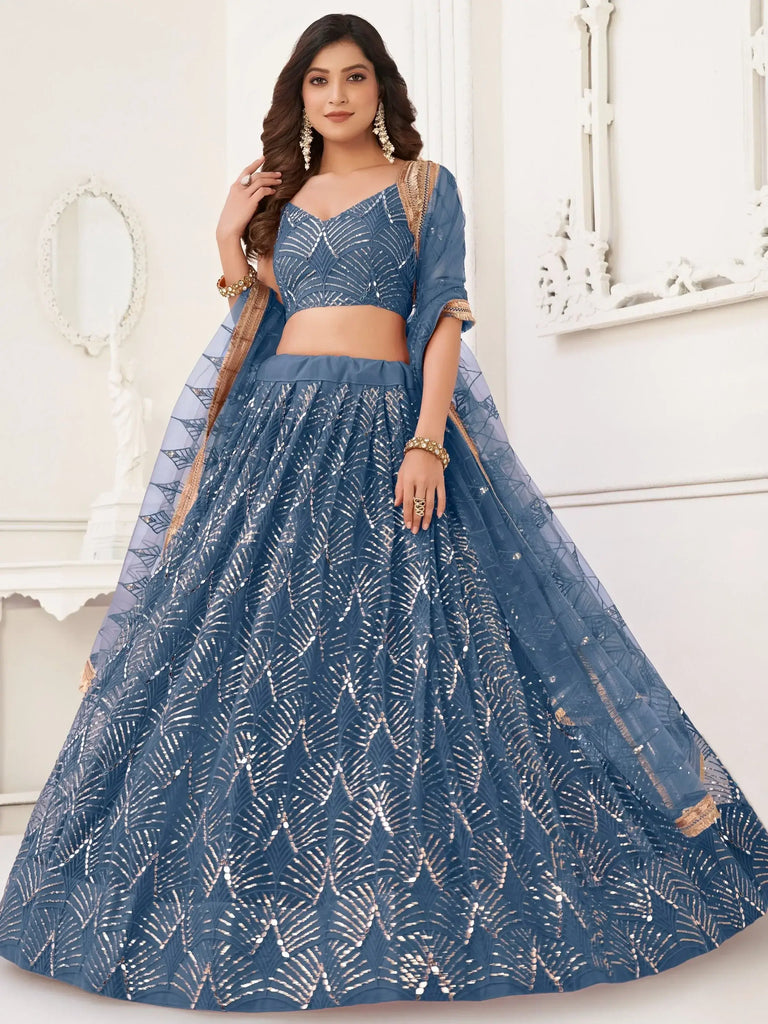 Wonderful Blue Sequins Net Bridesmaid Lehenga Choli With Dupatta