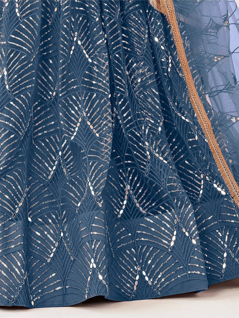 Wonderful Blue Sequins Net Bridesmaid Lehenga Choli With Dupatta