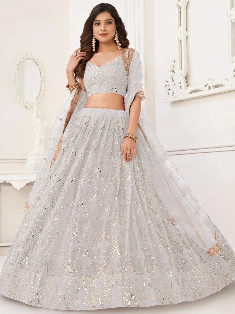 Gorgeous Off-White Sequins Net Wedding Lehenga Choli With Dupatta