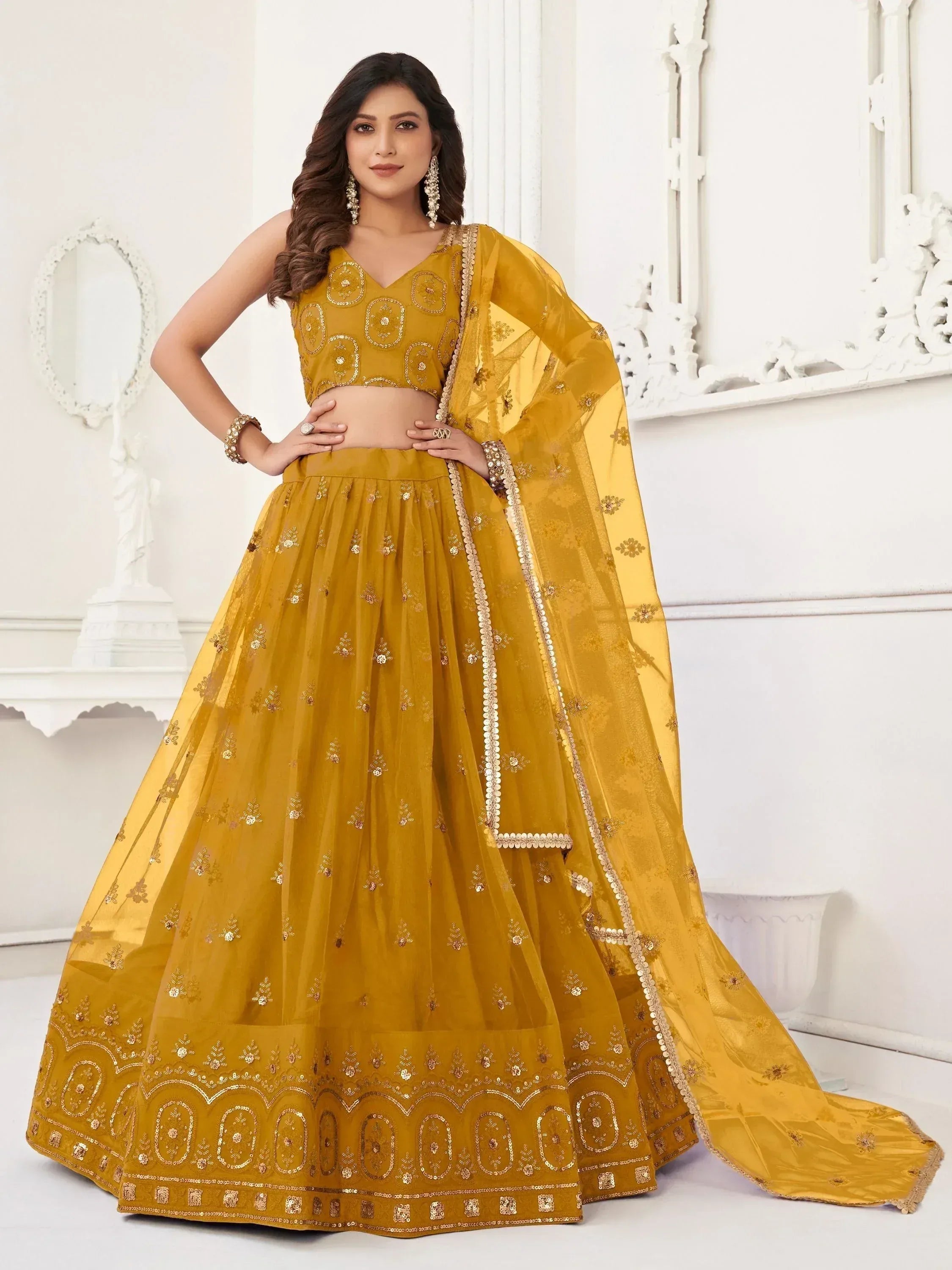 Mustard yellow embroidered lehenga choli with dupatta, Indian ethnic wear for weddings and festivals