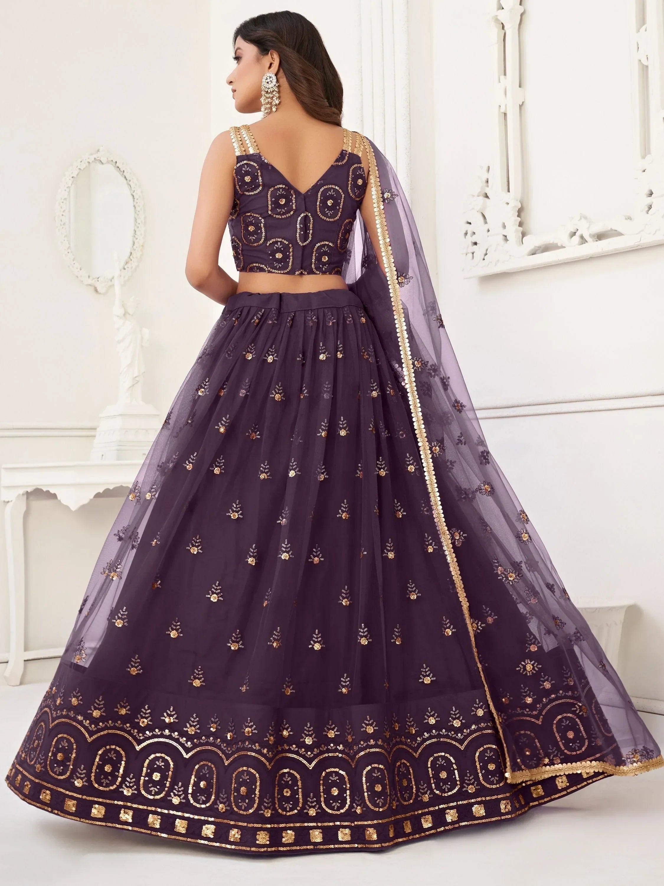 Purple designer lehenga choli with gold embroidery and net dupatta, ethnic Indian wear