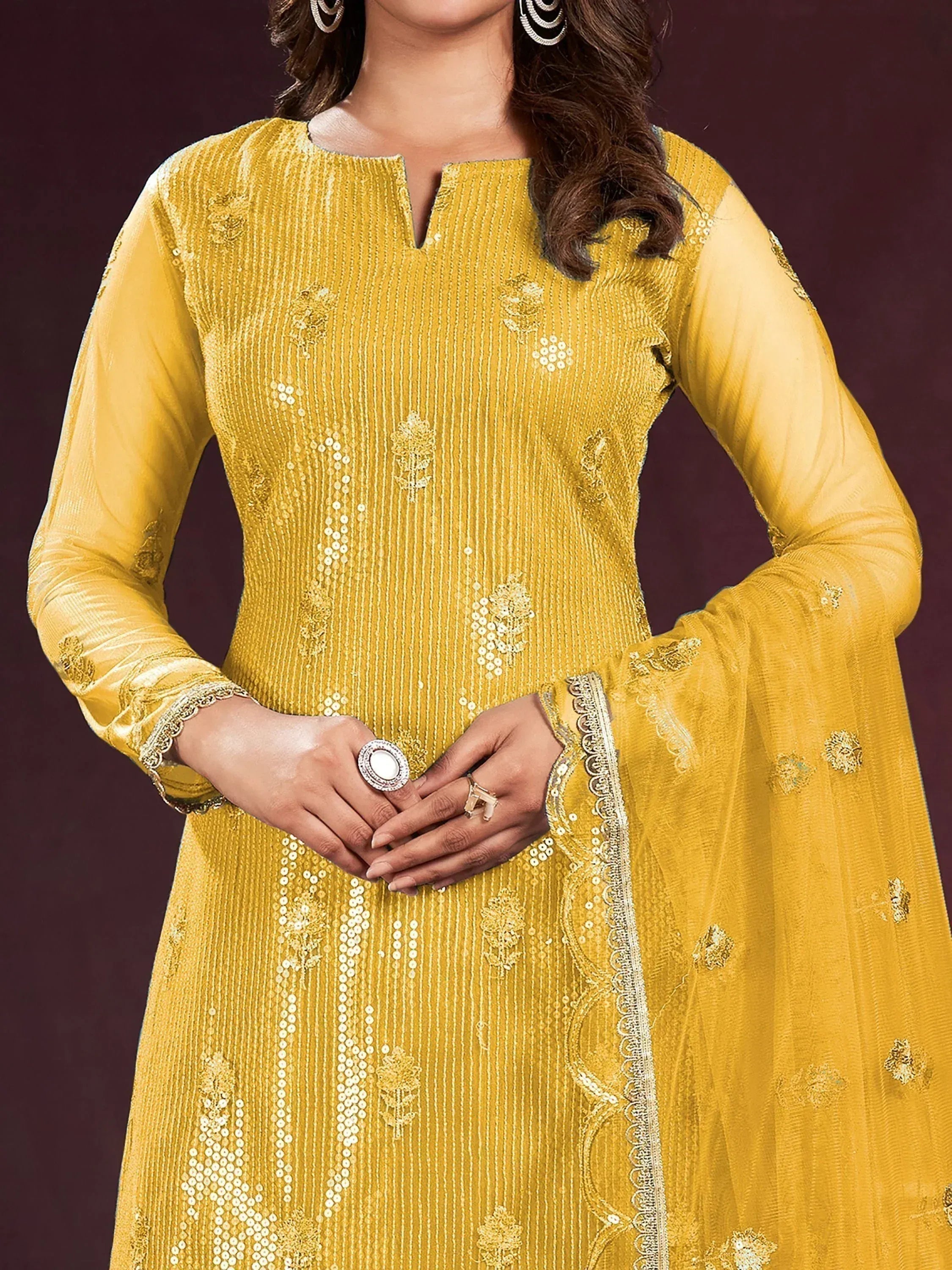 Yellow embroidered ethnic gown with sheer sleeves and floral sequin detailing