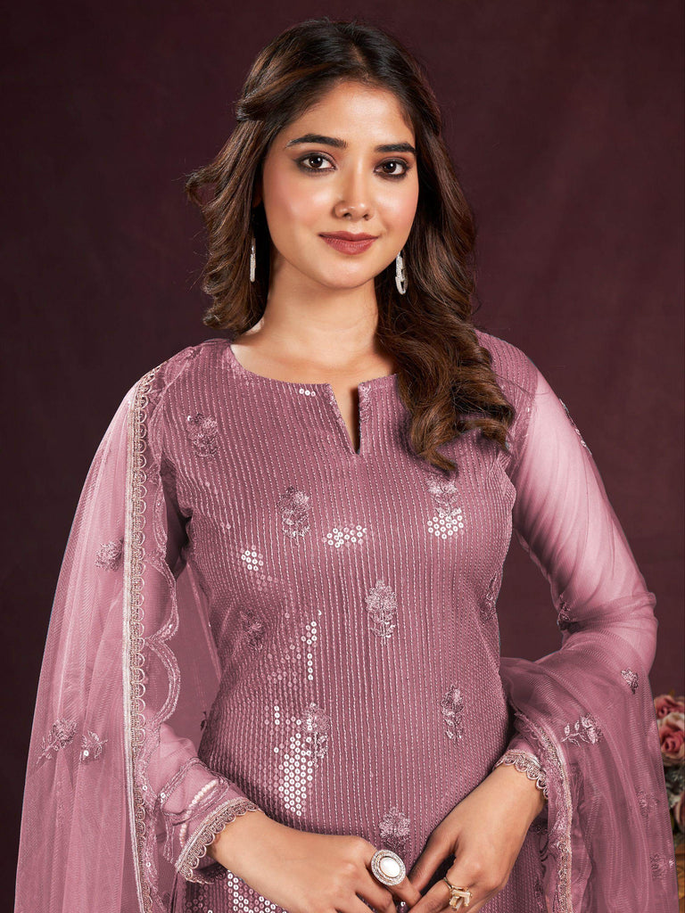 Alluring Dusty Pink Sequins Net Event Wear Salwar Kameez With Dupatta