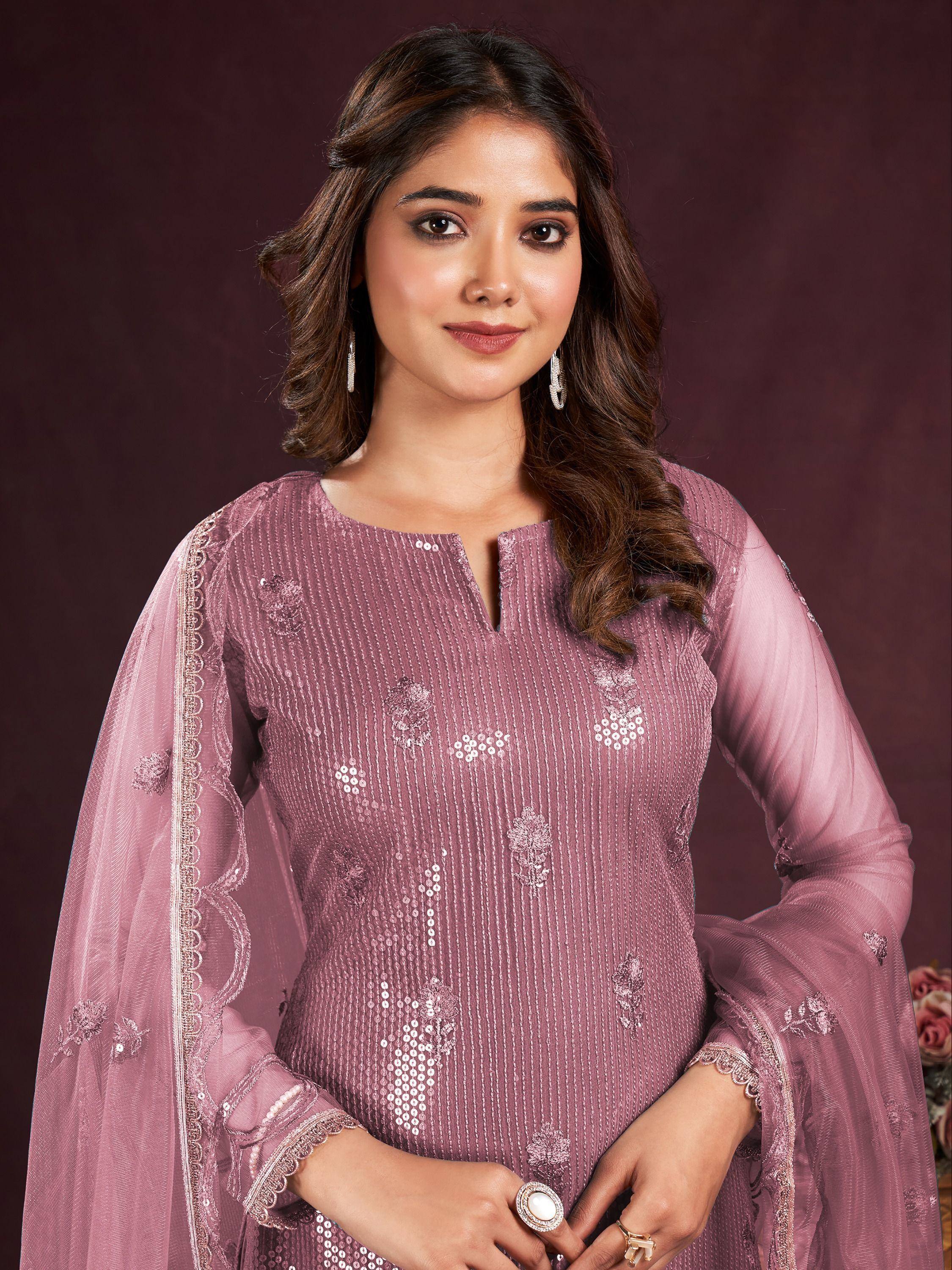 Dusty pink embroidered salwar kameez with sheer sleeves and sequin detailing, perfect for ethnic occasions.