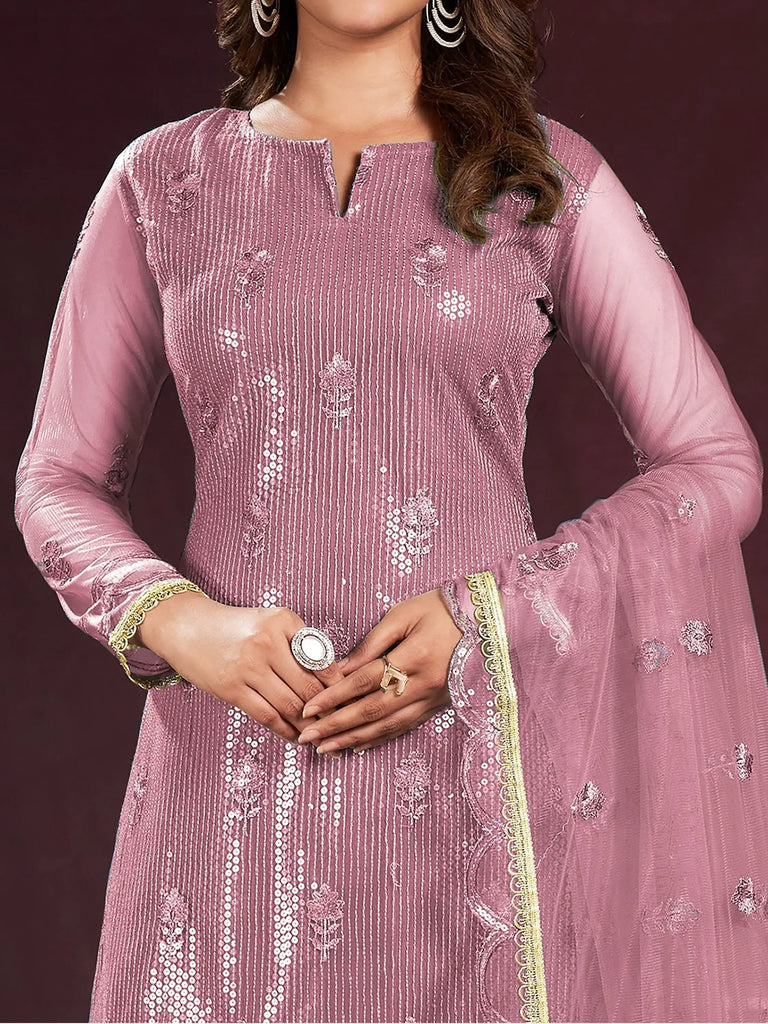 Alluring Dusty Pink Sequins Net Event Wear Salwar Kameez With Dupatta