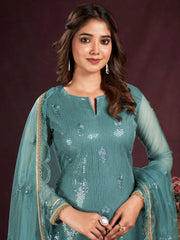 Bewitching Teal Blue Sequins Net Festival Wear Salwar Kameez