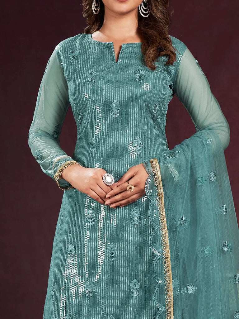 Bewitching Teal Blue Sequins Net Festival Wear Salwar Kameez