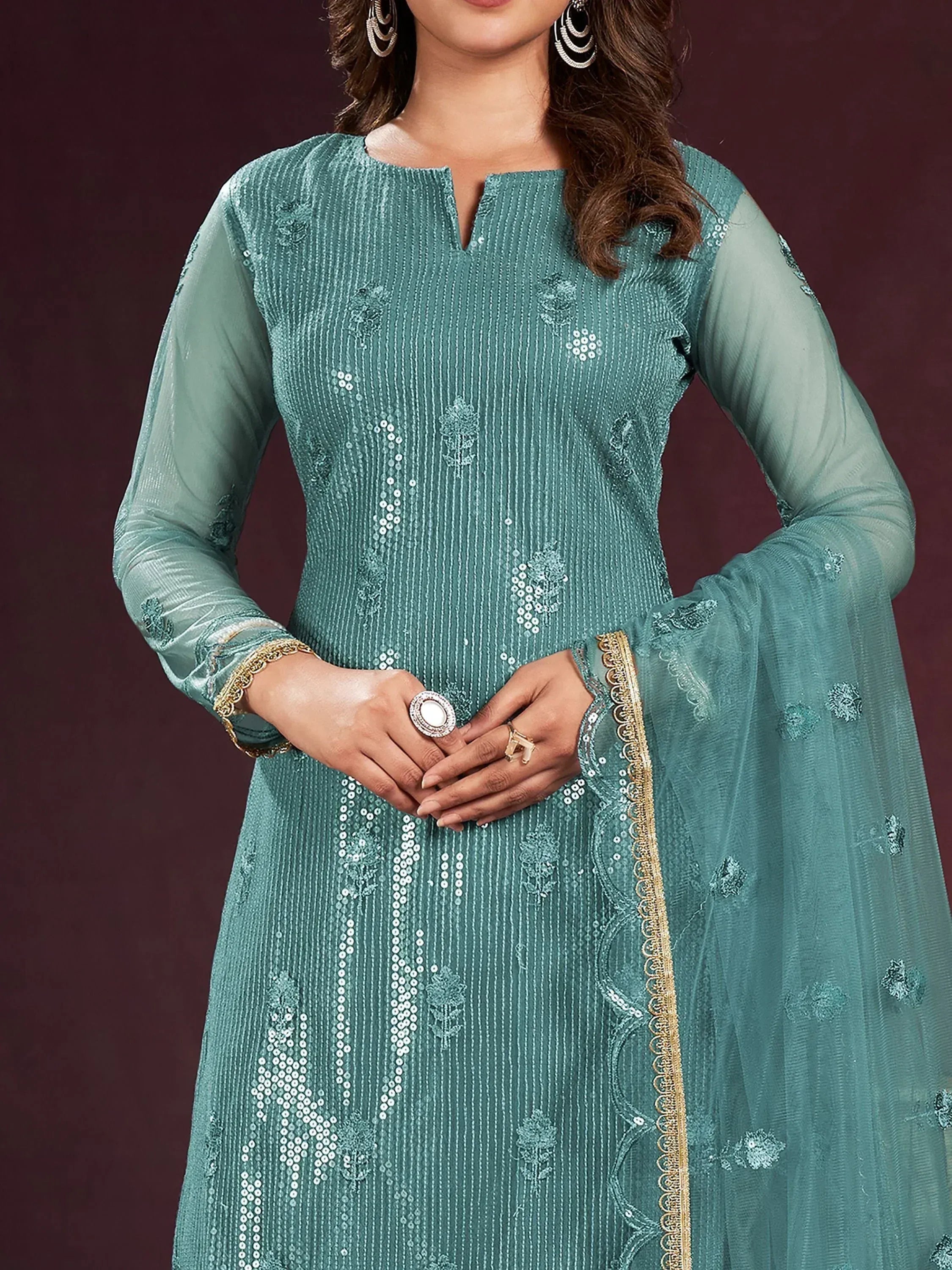 Teal ethnic gown with sequin embroidery and sheer sleeves