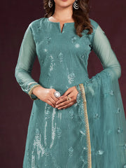 Bewitching Teal Blue Sequins Net Festival Wear Salwar Kameez