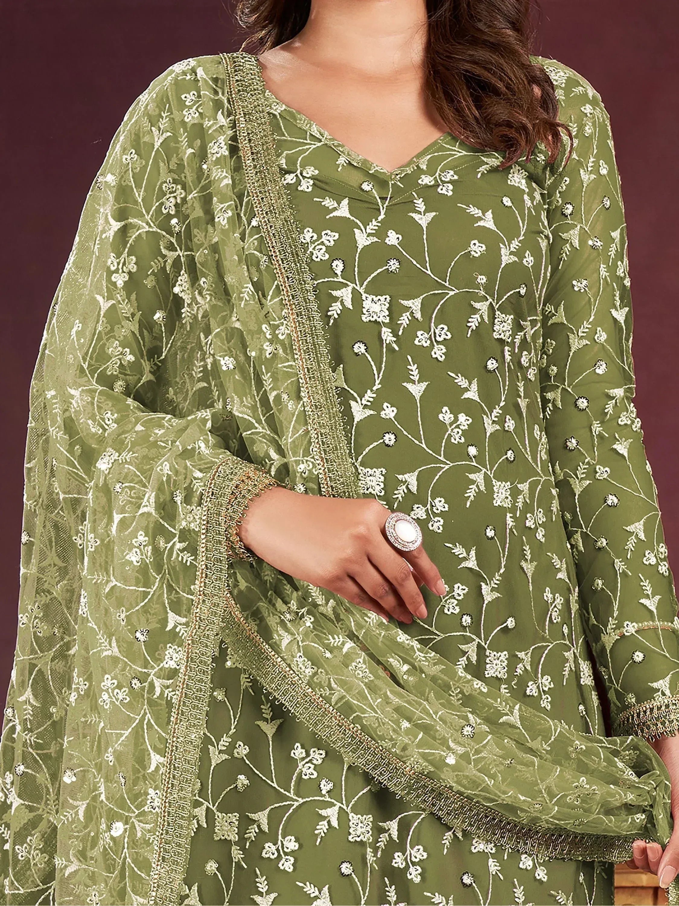 Green embroidered ethnic salwar kameez with floral design and dupatta