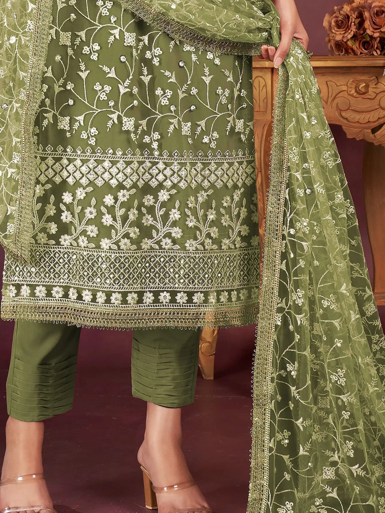 Charming Olive Green Embroidered Net Salwar Kameez With Dupatta