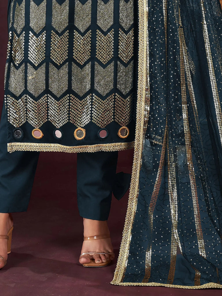 Amazing Blue Sequins Net Function Wear Salwar Kameez With Dupatta