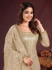Enchanting Beige Sequins Net Traditional Salwar Kameez With Dupatta