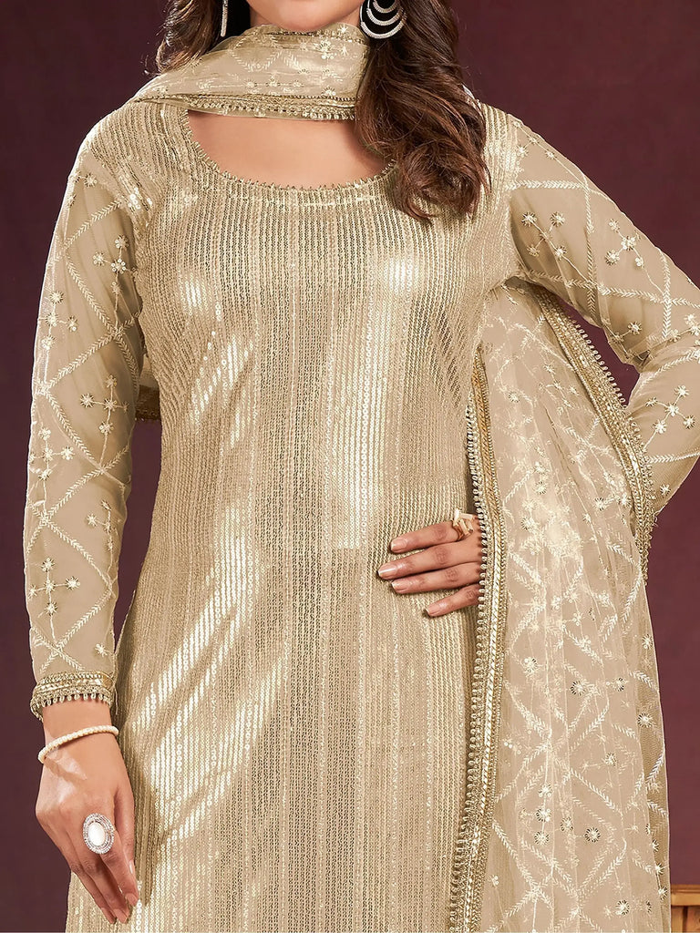 Enchanting Beige Sequins Net Traditional Salwar Kameez With Dupatta