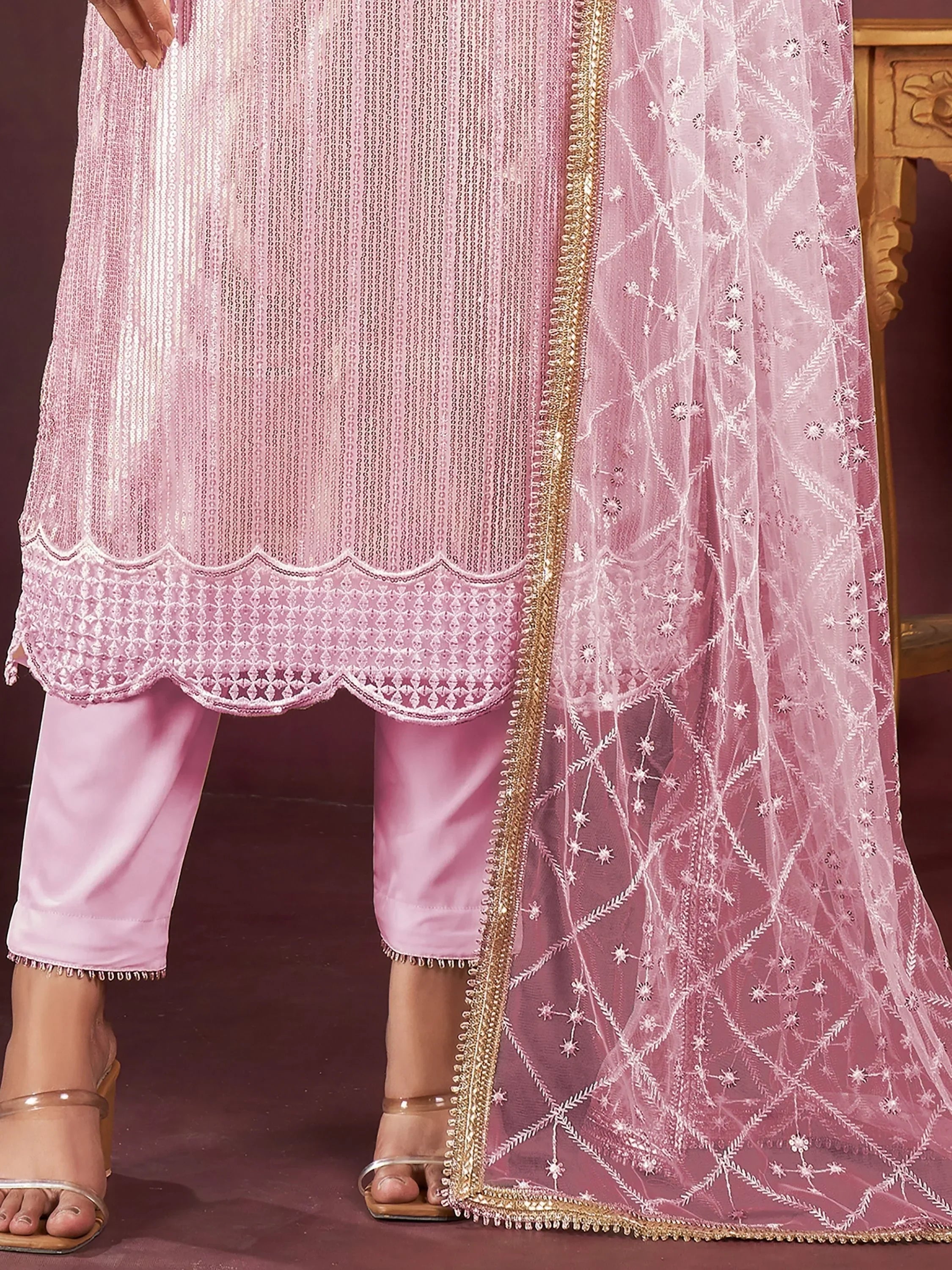 Light pink embroidered salwar kameez with matching dupatta and heels, Indian ethnic wear