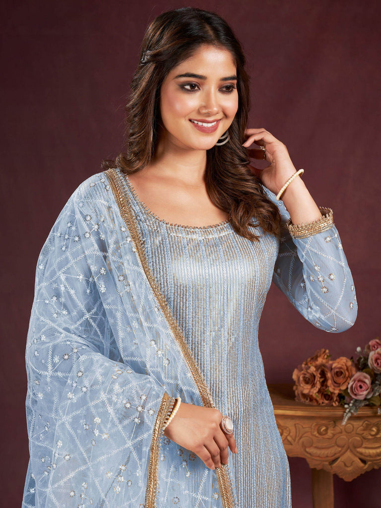 Astonishing Sky-Blue Sequins Net Salwar Kameez With Dupatta