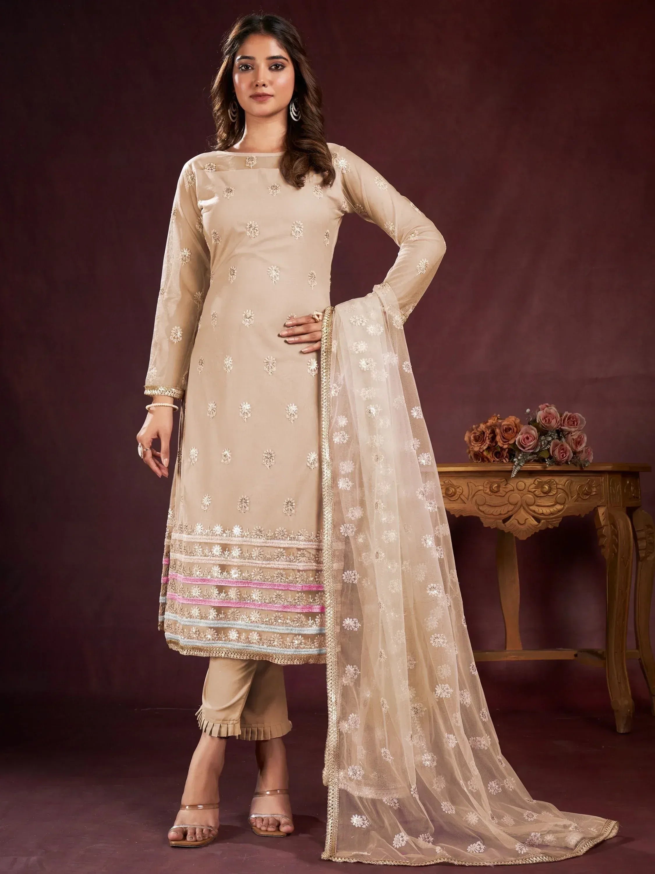 Beige embroidered salwar kameez with sheer dupatta, ethnic Indian wear for women