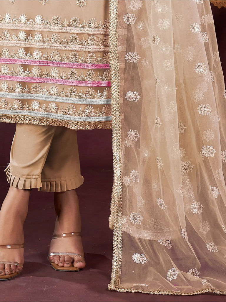 Magnific Cream Sequins Net Festival Wear Salwar Kameez With Dupatta