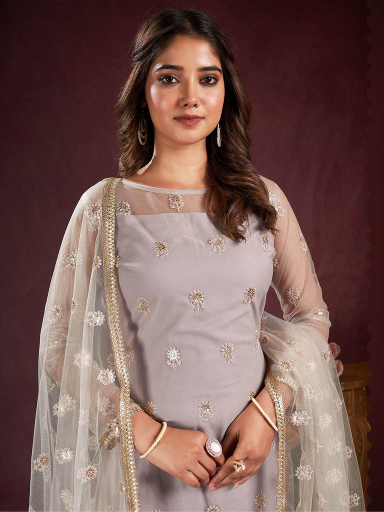 Elegant Grey Sequins Net Function Wear Salwar Kameez With Dupatta