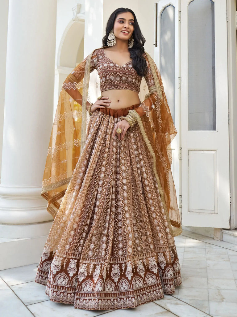 Fascinating Brown Thread Work Net Wedding Wear Lehenga Choli