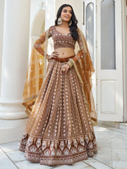 Fascinating Brown Thread Work Net Wedding Wear Lehenga Choli