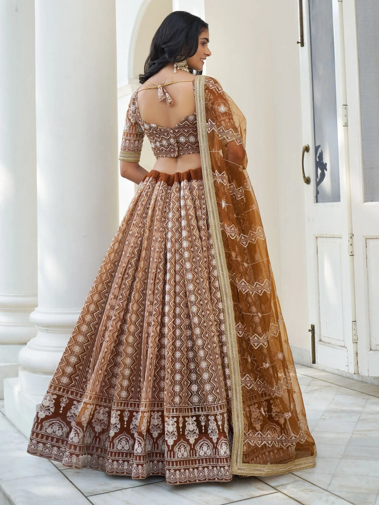 Brown embroidered lehenga choli with backless blouse and dupatta, Indian ethnic wear