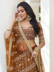 Fascinating Brown Thread Work Net Wedding Wear Lehenga Choli
