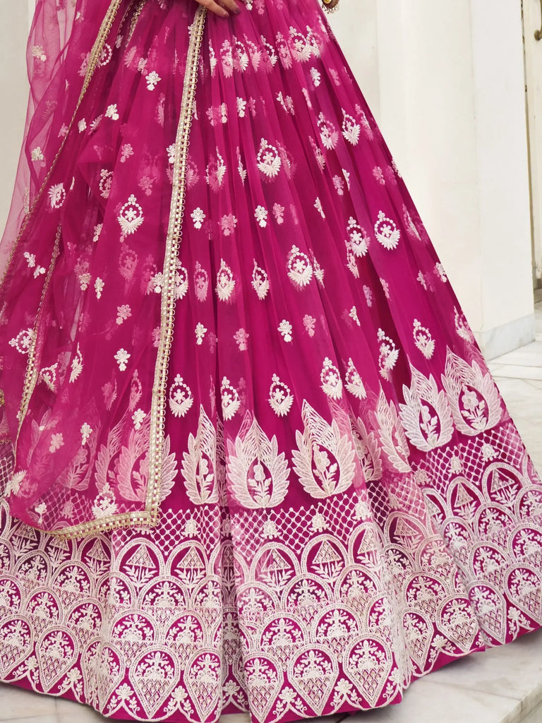 Bewitching Rani Pink Thread Work Net Sangeet Wear Lehenga Choli
