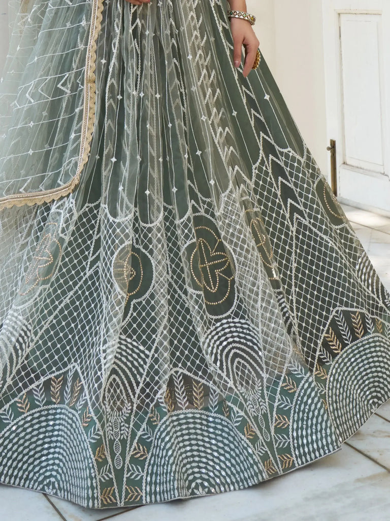 Stunning Dusty Green Thread Work Net Designer Lehenga Choli