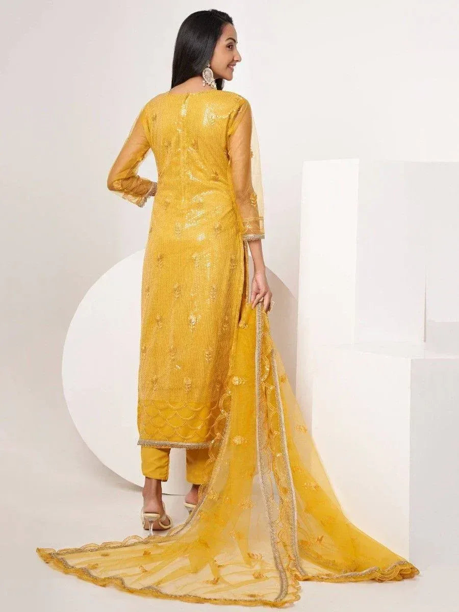 Yellow embroidered salwar kameez with sheer dupatta, ethnic Indian wear for women