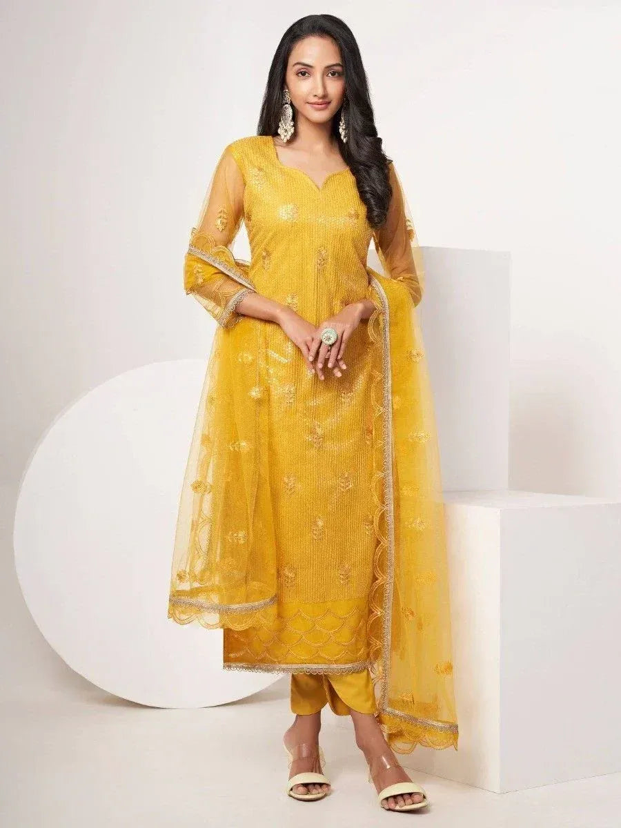 Yellow embroidered salwar kameez with sheer dupatta, ethnic Indian wear for women