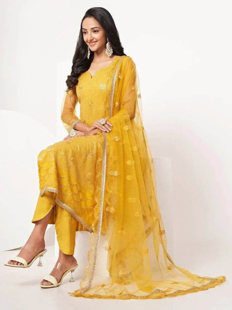 Yellow embroidered salwar kameez with sheer dupatta, ethnic Indian wear for women