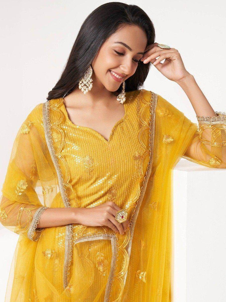 Spectacular Yellow Sequins Net Haldi Wear Salwar Kameez With Dupatta